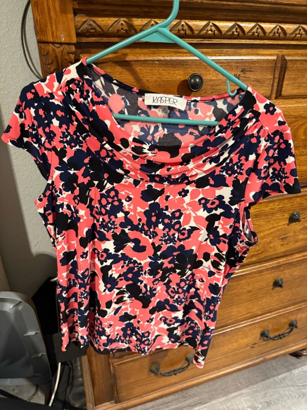 Kasper Pink Navy Floral Short Sleeve Cowl Neck Top